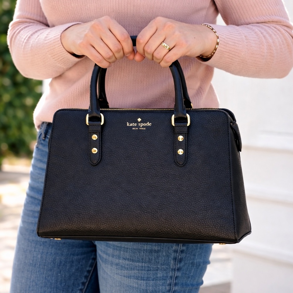 Kate Spade New York Black Pebbled Leather Satchel – Structured Top Handle Purse